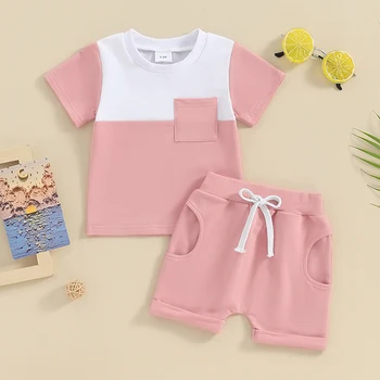 Одежда Для маленьких девочек Летний комплект из футболки в клетку с короткими рукавами и стрейчевых повседневных шорт в стиле пэчворк