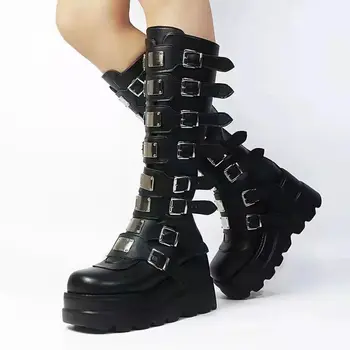 Длинные сапоги, женская обувь в готическом стиле, сапоги до колена на платформе, черные сексуальные мотоциклетные ботинки в стиле панк, новинка 2023 года, женские ботинки для косплея на Хэллоуин