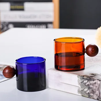 Разноцветные стеклянные кофейные кружки с деревянной шариковой ручкой, многоцелевые эспрессо, чайные чашки, Кухонная посуда для напитков