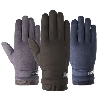 Теплые перчатки для мужчин, зимние замшевые, Зимние для вождения на велосипеде с сенсорным экраном, плюс бархатные нескользящие
