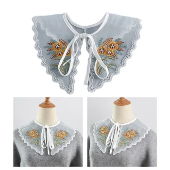 Вышитый кружевным цветочным узором Накладной воротник с жемчужными бусинами Универсальный съемный воротник для свитера и рубашки для женщин