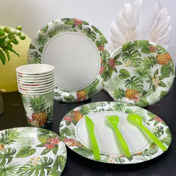 Новая посуда для гавайских вечеринок мелким оптом в летней тематике ананаса, Одноразовая посуда из четырех частей
