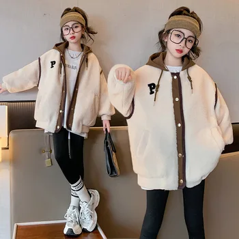 Корейское зимнее Детское пальто для девочек Плюс бархатная поддельная двойка, пальто для девочек-подростков с капюшоном и надписью, теплая хлопковая верхняя одежда для девочек-подростков