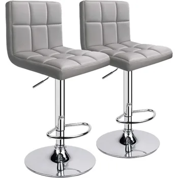 Барные стулья, современный барный стул из искусственной кожи, регулируемый поворотный со спинкой, комплект из 2 (светло-серый)