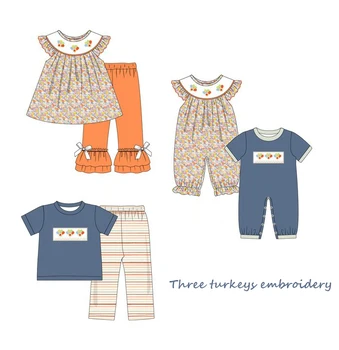 Летнее платье Ropa с коротким рукавом и круглым вырезом, футболка с вышивкой для девочек и оранжевые брюки, Синий комбинезон для мальчиков