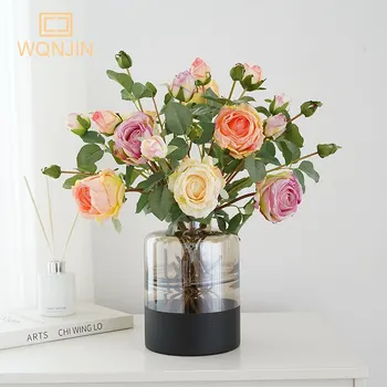 WQNJIN 3 Головки Букет Из Роз Искусственные Цветы Свадебные Украшения Шелковые Цветы Поддельные Розы С Обожженным Краем Flores Home Decor