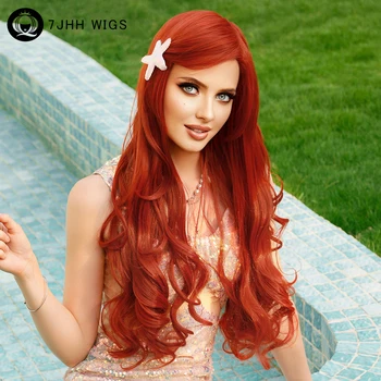 Аквамариновый парик Синтетический длинный вьющийся оранжево-красный парик Русалки с челкой, свободные объемные волнистые парики для женщин, косплей на Хэллоуин