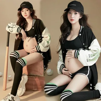 Dvotinst Женский реквизит для фотосъемки Черный бейсбольный комплект для беременных, верхняя одежда, кепка, Носки, Корейская спортивная одежда для студийных съемок, одежда для фотосессии