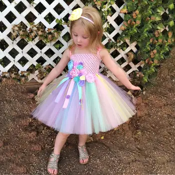 Пастельное платье-пачка с единорогом для девочек, детское вязаное крючком платье с цветами, бальное платье с бантом для волос, детский костюм для вечеринки в честь дня рождения, платья для косплея