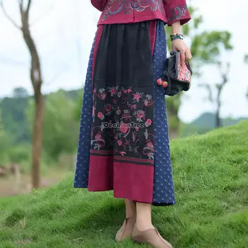 2023 новый китайский вышитый национальный стиль, дизайн юбки с эластичным поясом, свободная повседневная женская юбка-полукомбинезон s853