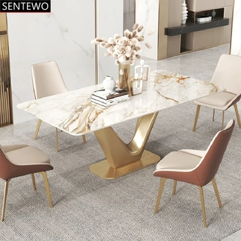 Роскошный обеденный стол из каменной плиты с 4 обеденными стульями Металлический Титановый золотой каркас стол из искусственного Мрамора мебель для дома meuble de cuisine