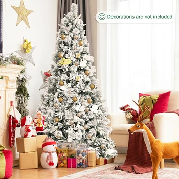 7-футовая рождественская елка на петлях, покрытая снежинками, реалистичные ягоды и цветы пуансеттии, Прочная металлическая подставка, роскошные рождественские елки