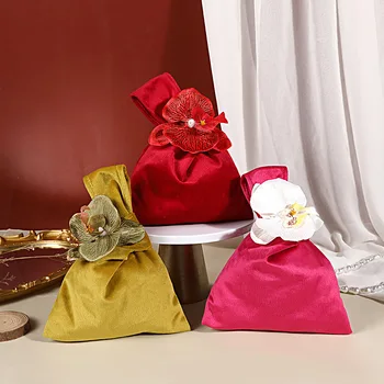 20 шт./лот Креативная сумка из бархатной ткани с орхидеей Фаленопсис, Свадебная коробка конфет, Фестивальный сувенир, Изысканная упаковочная сумка
