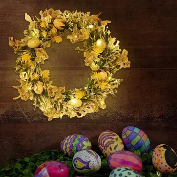 Пасхальный Весенний Венок 2024, Пасхальный Венок со светодиодной подсветкой, Милые Пасхальные украшения с искусственными цветами и яйцами для входной двери