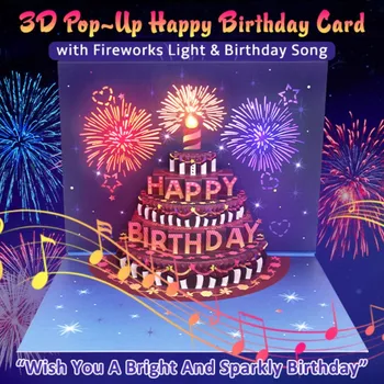 Поздравительная Открытка С Днем Рождения Фейерверк 3D Всплывающий Торт Светомузыка Поздравительная Открытка с Днем Рождения Подарок Поздравительная Открытка для Мужа Детей Жены Мамы