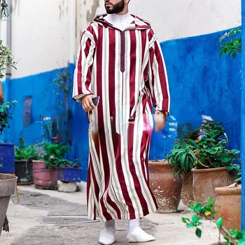 Мусульманская мода Свободного покроя, Лацкан красного халата в тонкую полоску, Летняя Молодежная мусульманская рубашка 2023 года, Новая Повседневная одежда для халатов