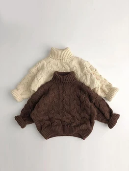 Вязаный свитер для маленьких мальчиков и девочек в крученую полоску, осень-зима-Весна, детский свитер с высоким воротом, пуловер, однотонная детская одежда от 1 до 7 лет