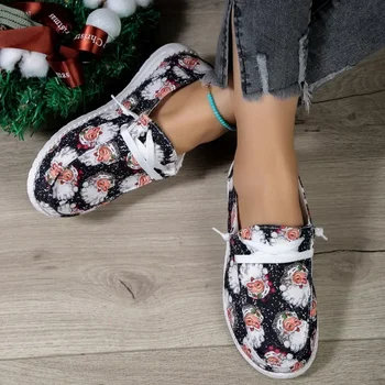 Рождественские кроссовки, Женская Одинокая Парусиновая обувь, Осенняя модная дышащая повседневная обувь на плоской подошве с принтом Санта-Клауса, Новогодние подарки