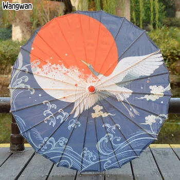 Японские зонтики, живописный китайский зонтик из промасленной бумаги для женщин, шелковый ветрозащитный, УФ-защита от солнца, реквизит для танцевального косплея с длинной ручкой, 84 см