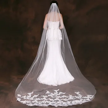 Длинная кружевная свадебная фата с вышивкой в европейском и американском стиле, Однослойная свадебная фата Lvory /White Cathedral Velos De Novia
