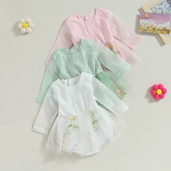 Весенний комбинезон для новорожденных девочек с цветочной вышивкой и бабочкой, фатиновый комбинезон с длинным рукавом и круглым вырезом