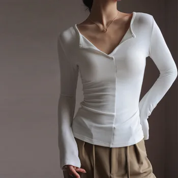 Модальная осенне-зимняя женская рубашка с V-образным вырезом 2023, дизайнерские топы, белая футболка с длинными рукавами, нижняя рубашка