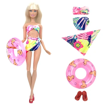 NK 1 комплект кукольного купальника, Модное платье, пляжная одежда, бикини, купальники + Случайное кольцо для плавания + Тапочки для аксессуаров куклы Барби