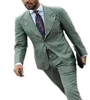 Новый Зеленый Мужской костюм из 2 предметов, Приталенный Деловой Смокинг С вырезами На лацканах, Блейзер Для Жениха На Свадебную вечеринку (Блейзер + брюки)
