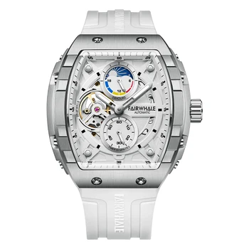Мужские Автоматические часы Mark Fairwhale 47 мм Роскошные Механические наручные часы Tonneau со светящимся скелетом, Многофункциональный циферблат, Спортивные часы