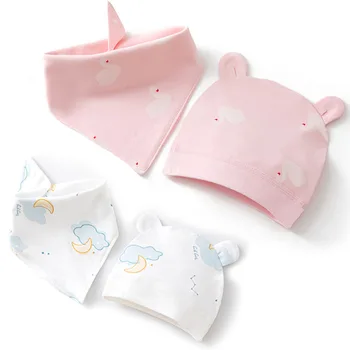 Комплект для новорожденных Шапочка с милыми ушками + нагрудник с мультяшным принтом для мальчиков и девочек, Хлопковое полотенце для кормления, Слюна, Шапочка-бини для малышей, Детские аксессуары