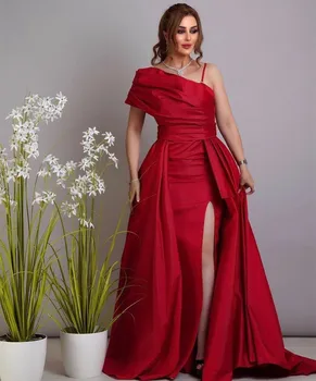 Элегантные длинные вечерние платья из красной тафты с разрезом, корсет трапециевидной формы, плиссированные вечерние платья-спагетти De Mariée для женщин