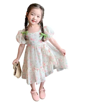 Детская одежда 2023, Летние Новинки для девочек, Сетчатое платье принцессы с квадратным воротником и пышными рукавами с цветочным принтом