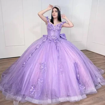 ANGELSBRIDEP Сиреневое Бальное Платье Vestidos De 15 Anos Пышные Платья С Большим Бантом И 3D Цветочными Аппликациями Золушка 16 Платья Принцесс