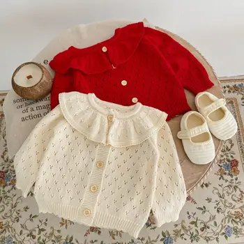 Детская одежда для девочек, свитер 2023, осень-зима, вязаный кардиган из хлопчатобумажной пряжи для новорожденных, воротник в виде листьев лотоса, выдалбливают длинный рукав