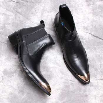 Мужские ботильоны из натуральной кожи в стиле панк, черные вечерние ботинки без застежки для мужчин, модные мужские ботинки 