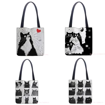 Новые женские сумки-тоут, черно-белая Эко-сумочка из ткани с милым котом, вместительная сумка для покупок, Офисная многоразовая повседневная сумка через плечо.