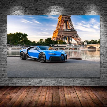 Современная живопись, обои для суперкара, спортивный автомобиль Bugatti Chiron, Парижская башня, холст, настенные художественные плакаты и принты для домашнего декора комнаты