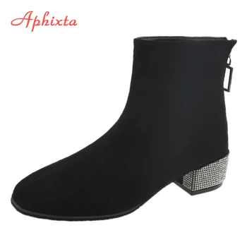 Женские ботильоны на квадратном каблуке с кристаллами Aphixta, осенне-зимняя обувь из флока, ботинки на каблуке 4 см со стразами, женская обувь