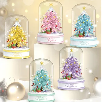 Рождественская коллекция музыкальных шкатулок, вращающихся в виде розовой рождественской елки, со светящейся струной, собирающей строительный блок из мелких частиц, Модель игрушки