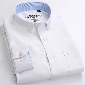 Новая хлопковая мужская деловая повседневная рубашка в оксфордскую клетку и полоску с длинным рукавом, накладной нагрудный карман, обычные рабочие рубашки на пуговицах