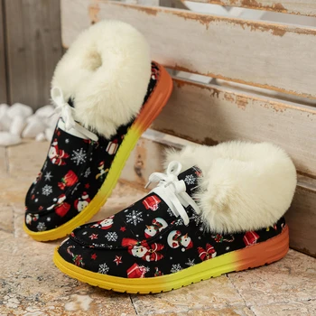 Женские зимние ботинки с рождественским принтом 2023, теплые зимние ботинки из толстого плюша, женская уличная хлопковая обувь на плоской подошве с пушистым мехом, женская обувь
