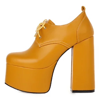 Короткие ботинки на шнуровке, женские пикантные ботильоны на платформе, женские туфли-лодочки на высоком каблуке в стиле панк, черно-желтые туфли-лодочки, женская обувь для вечеринок, большой размер