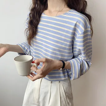 Корейская модная футболка в полоску, новинка осени 2022, женский топ с длинными рукавами, свободная повседневная хлопковая футболка, женская