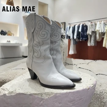 ALIAS MAE, Зимние Винтажные ботинки с заостренной вышивкой На толстом каблуке, Универсальные ботинки из натуральной кожи с логотипом люксового бренда, Размеры 35-42