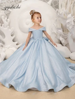 Голубые платья для девочек в цветочек, элегантное атласное бальное платье принцессы для детского дня рождения, платье с простым бантом для первого причастия
