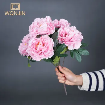 WQNJIN 5 головок Розового пиона большого диаметра Букет искусственных цветов Поддельный цветок для домашнего свадебного украшения невесты Свадебный декор
