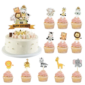 Топпер для торта с мультяшными животными, сафари в джунглях, Жираф, Тигр, Обезьяна, Слон, Топпер для кексов, с Днем рождения, детские принадлежности для душа