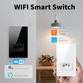 Розетка для Wi-Fi Tuya 16 / 20A, Стандарт Бразилии, Стеклянная панель 4X2, 1/2 кнопки, Настенный выключатель света для Smart Life Alexa Google Home