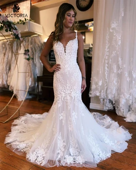 Сшитое на заказ Свадебное платье 2023 года С кружевными аппликациями в виде спагетти, платье невесты в стиле русалки, свадебные платья для новобрачных, гражданское платье для помолвки