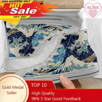 Вулканизированная обувь с рисунком Японских океанских волн, женская парусиновая обувь на плоской подошве с высоким берцем, повседневные женские кроссовки на шнуровке